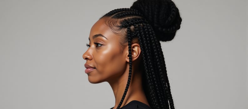 A beautiful Black African American woman with curly long braids and a bun displaying a perfect facial structure including a striking sharply defined jawline as she looks to the left in a side profile photo