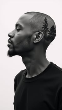 Black White Noir Portrait Peaceful AfricanAmerican Man Closed Eyes Against Double Exposed Spruce Forest Backdrop Set against Clean White Background photo
