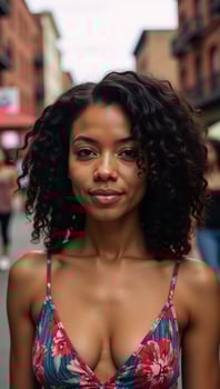 Portrait showcases a beautiful African American woman with curly hair amidst urban backdrop celebrating Black History Month and Juneteenth photo