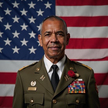 An elderly African American veteran honors Veterans Day before a majestic U photo