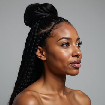 A beautiful Black African American woman with curly long braids and a bun displaying a perfect facial structure including a striking sharply defined jawline as she looks to the left in a side profile photo
