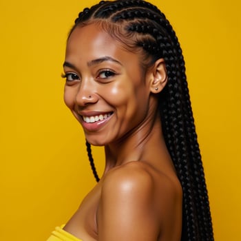 A striking AfroAmerican woman with intricate braids poses against a vibrant backdrop in a modern chic studio setting photo
