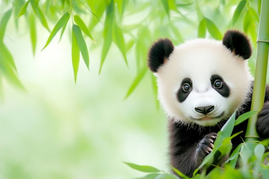 Cute baby panda exploring bamboo leaves in a bright and soothing atmosphere photo