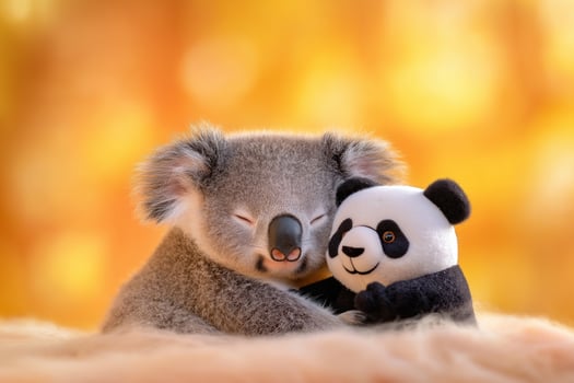 A cozy koala snuggles with a cuddly panda toy in soft warm lighting photo