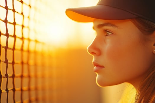 A tennis player reflects thoughtfully on her racket while the sun sets softly in the background on the court photo