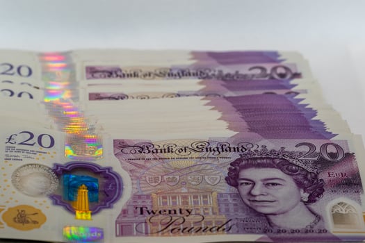 Twenty Pound Banknotes Stacked, Queen Elizabeth II, British Currency photo