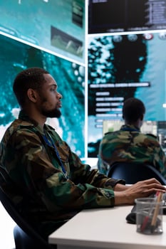 Army intelligence specialists utilize advanced computer systems, surveillance technology and satellite data to enhance national security. Working in a command post against potential threats. photo
