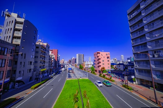 An urban cityscape at Yamanote avenue in Tokyo wide shot photo