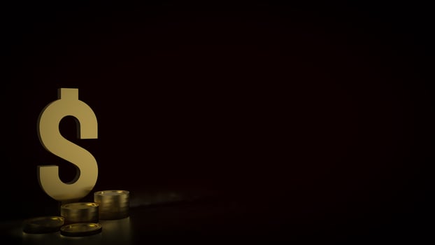 The gold dollar symbol and coins on black background 3d rendering. photo