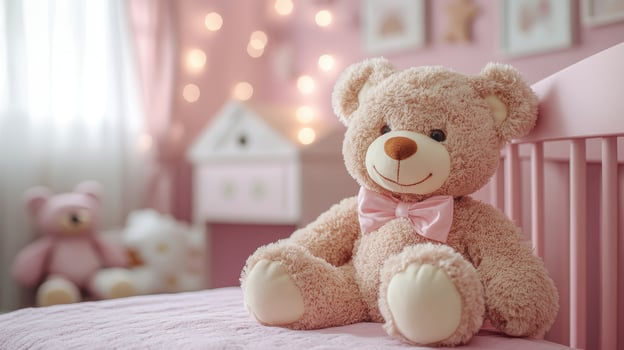 Teddy bear sitting on a cot in a pink bedroom for baby girl photo