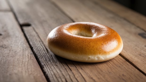 A bagel sitting on top of a wooden table photo