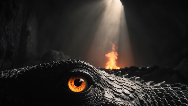 A dragon's eye is looking at the light coming from the cave photo
