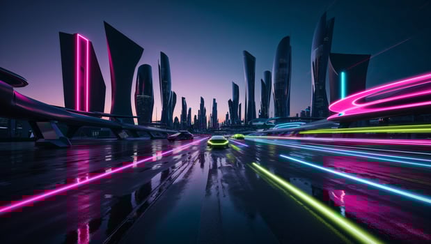 A city street with neon lights and a car photo