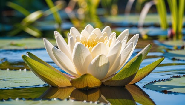 A white water lily is floating in a pond photo