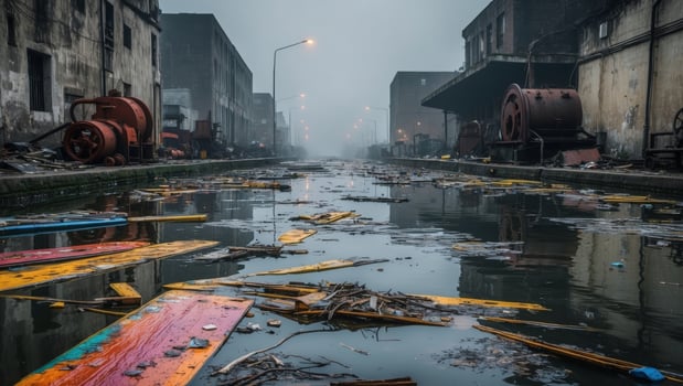 A dirty canal with debris and trash photo