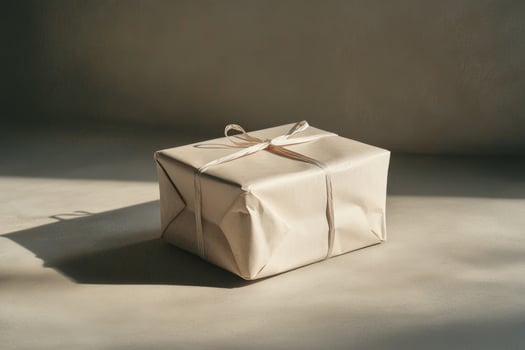 A Simple Brown Gift Box Wrapped in Beige Paper with a White Ribbon photo