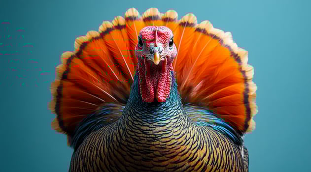Colorful turkey showing feathers indoors. A vibrant turkey showcases its fan-shaped feathers against a blue background, highlighting its striking colors and unique features. photo