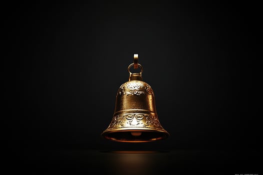 A Gold Bell with Intricate Carvings Suspended Against a Black Background photo