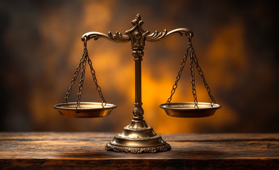 Balanced antique scales placed on a wooden table. Antique scales elegantly display balance on a rustic table, illuminated by a warm, glowing background, suggesting justice and fairness. photo