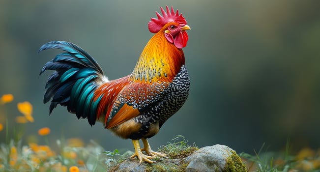 Rooster perched on rock at sunrise. A vibrant rooster with striking feathers stands on a rock surrounded by flowers during the early morning light. photo