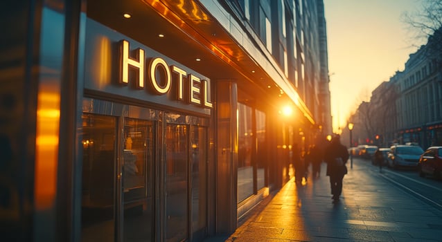 Evening golden hour at hotel entrance. The sun sets behind a city hotel, casting warm light on the bustling street as people stroll by in the evening glow. photo