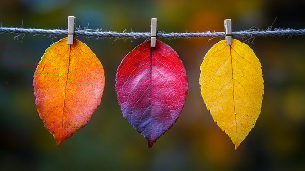 Colorful autumn leaves hanging on a line outdoors. Three vibrant leaves in orange, red, and yellow display autumn's beauty, gently swaying on a line against a blurred background. photo