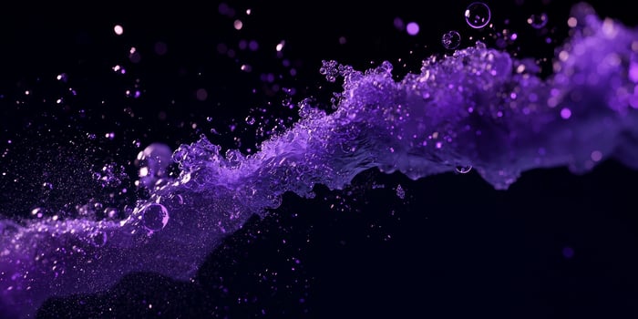 Glowing purple particles gather and flow in a mesmerizing wave, casting a gentle luminescence against the contrasting black backdrop, embodying ethereal digital artistry. photo
