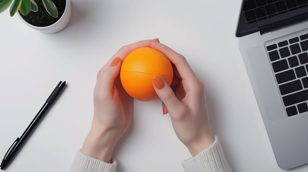 Female hands holding orange stress ball at organized work desk. Laptop, pen, flowerpot. Stress relief in professional workspace template advertising image. Mock up product photorealistic photo