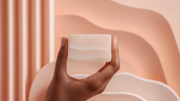Hand holding natural soap bar mockup against wavy peach sculptural backdrop. Skincare, wellness, beauty of simplicity template advertising image. Mock up product photorealistic photo