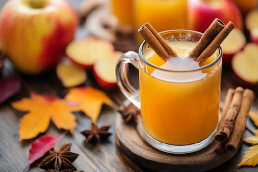 Warm Apple Cider with Cinnamon Sticks and Star Anise on Wooden Table photo