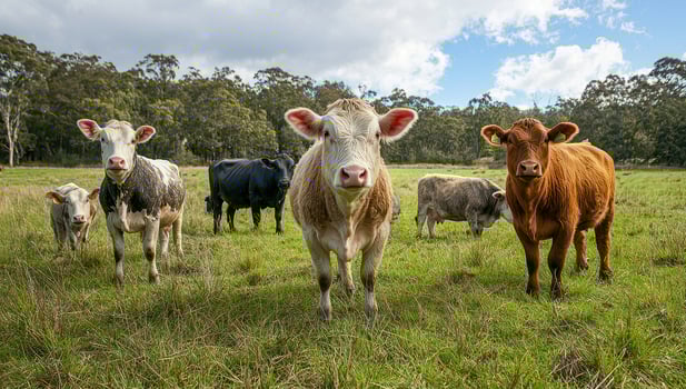 Herd of cows grazing on a lush green pasture. Concept of dairy farming, sustainable agriculture, and rural life. photo