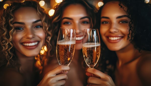 Three cheerful women celebrating with champagne against bokeh lights. Concept of friendship, celebration, and nightlife. photo