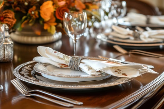 A Place Setting with a White Napkin and Silverware on a Wooden Table photo