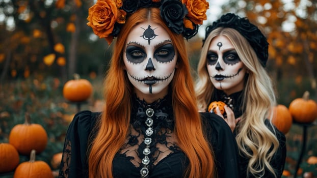 Young girls wearing spooky Halloween makeup and white dresses, celebrating with dramatic face paint photo