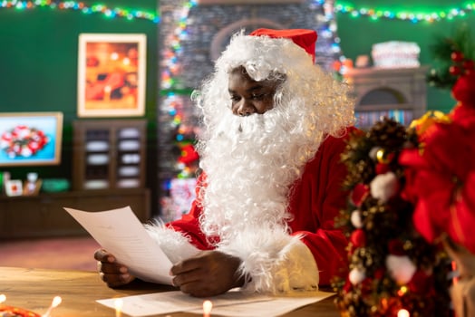 Santa Claus checking a letter while sitting in his rustic festive cabin, fulfilling wishes for children around the world. Saint Nicholas prepares gifts and toys for the winter holiday journey. photo