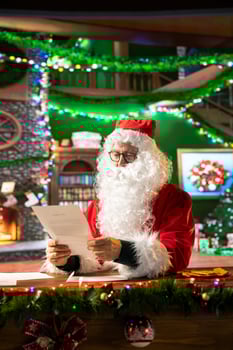 Santa Claus reads a letter from a child and preparing for seasonal gift delivery. Showcasing the winter holiday magic, Father Christmas brings festive joy and wishes to life, spread cheer. photo