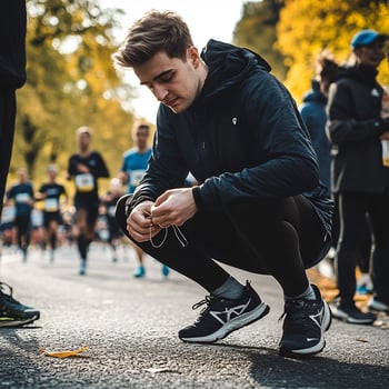 A man kneeling down to tie his shoe photo
