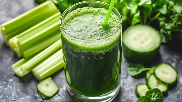 A glass of green juice with cucumber and celery photo