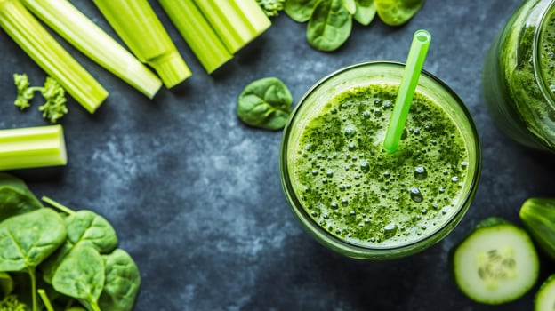 Green smoothie with cucumber and celery on a dark background photo