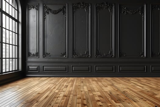 Elegant Interior with Dark Ornate Paneling and Wooden Flooring in a Luxurious Setting for Design Inspiration photo
