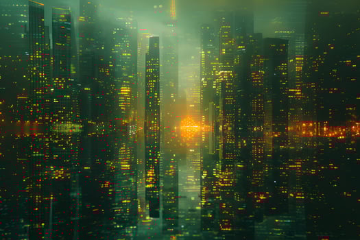 Futuristic Cityscape at Dusk with Illuminated Skyscrapers and Neon Glow photo