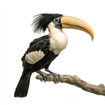 hornbill rests on a branch, showcasing its magnificent curved beak and glossy black feathers. Its unique features capture the essence of avian beauty and elegance. photo