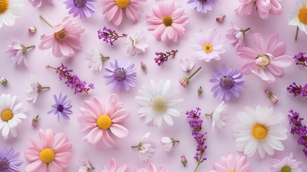 Chamomile and other purple flower botanical spring flower pattern background photo