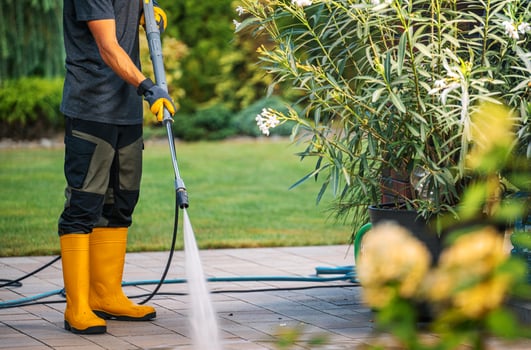 Person Cleaning Patio With Pressure Washer in a Garden During Sunny Day photo