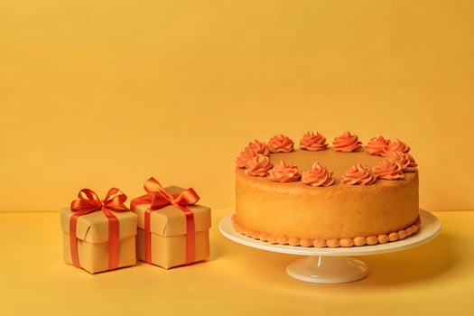 A cake with orange frosting and two gift boxes photo