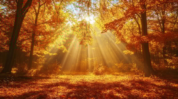 Sunbeams Illuminating a Golden Autumn Forest photo
