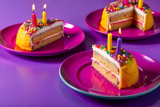 Two pieces of cake with candles on them on purple plates photo