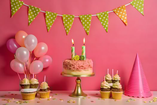 Birthday party with cupcakes and cake on pink background photo