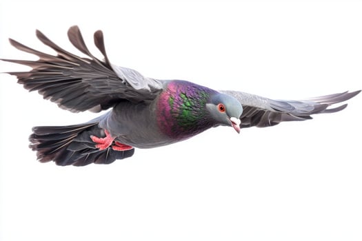vibrant pigeon flaps its wings vigorously as it glides effortlessly, showcasing its beauty in a striking display of flight against a white canvas. photo
