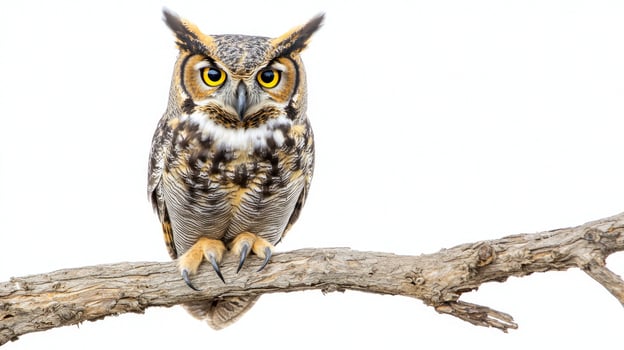 great horned owl sits gracefully on a branch, its vibrant yellow eyes captivatingly reflecting its surroundings, while feathered tufts accentuate its regal appearance. photo